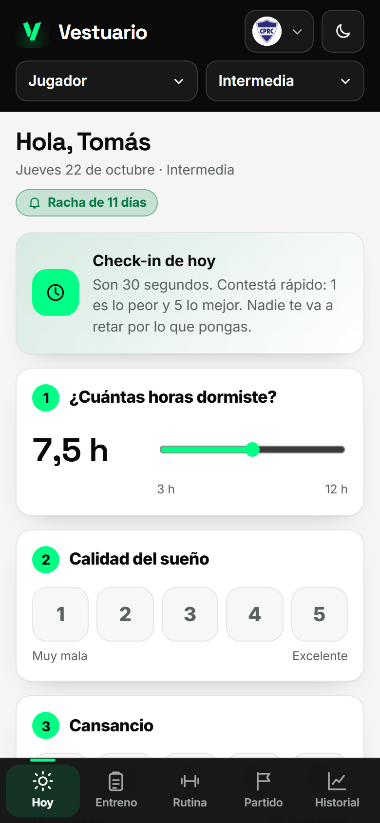 Pantalla de reporte diario del jugador en el celular, en modo claro.