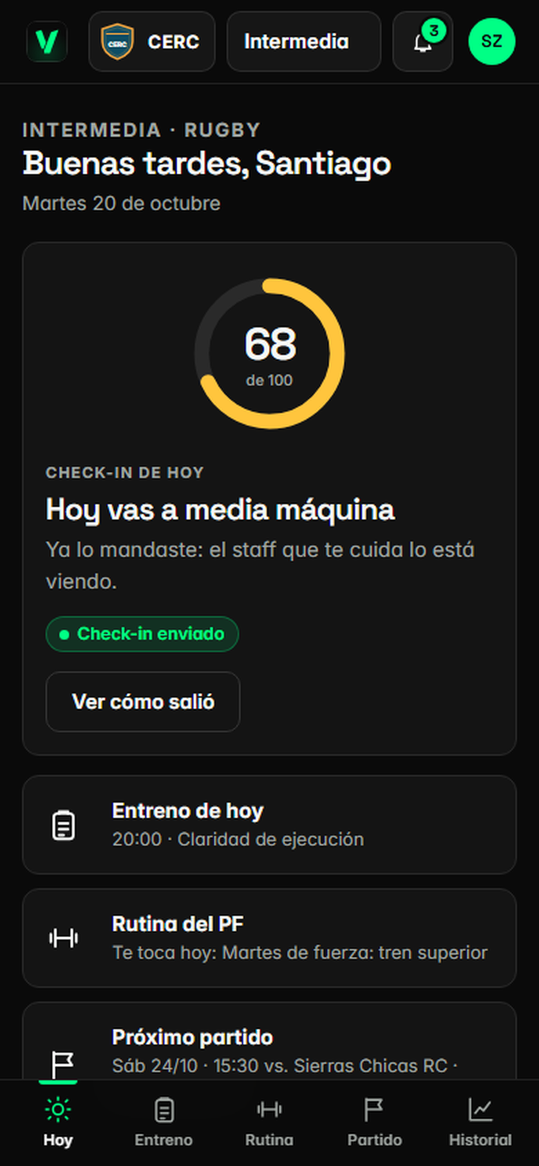 Pantalla de reporte diario del jugador en el celular, con datos de ejemplo.